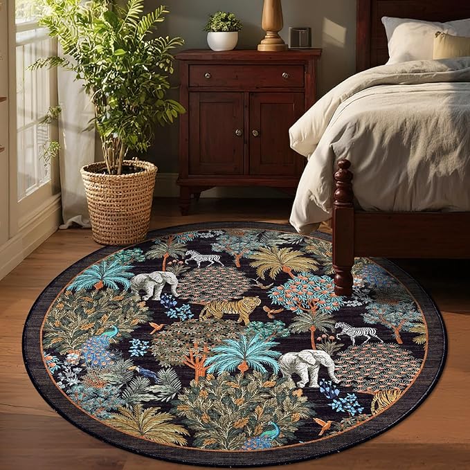 GarveeHome Jungle Round Washable Rugs 4ft Non-Slip Soft Round Rug for Kids Room, Forest Animal Print Tiger Circle Carpet for Bedroom Entryway Playroom Nursery, Black