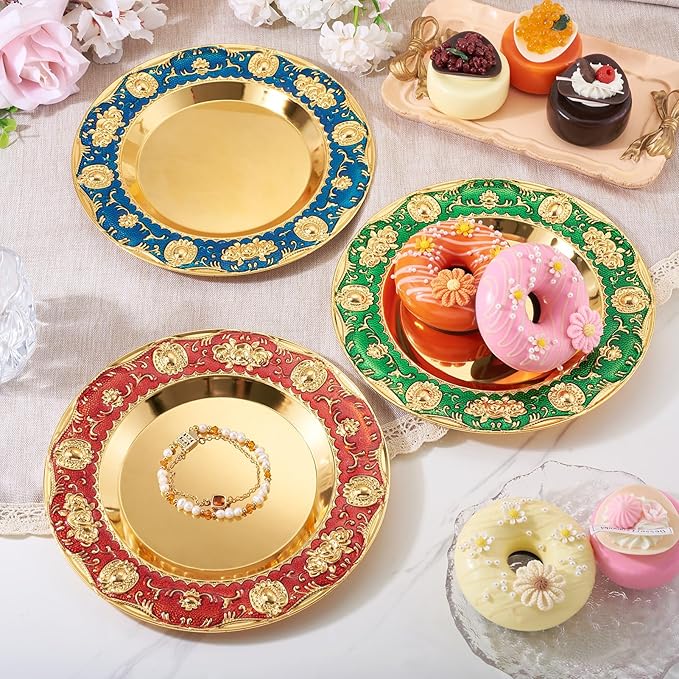 1pcs Golden Serving Tray for Party 4.8" Vintage Round Decorative Plate Tray Jewelry Makeup Organizer Dishes Bathroom Vanity Tray for Gift Wedding Coffee Table Dessert Christmas 20 cm (Red)