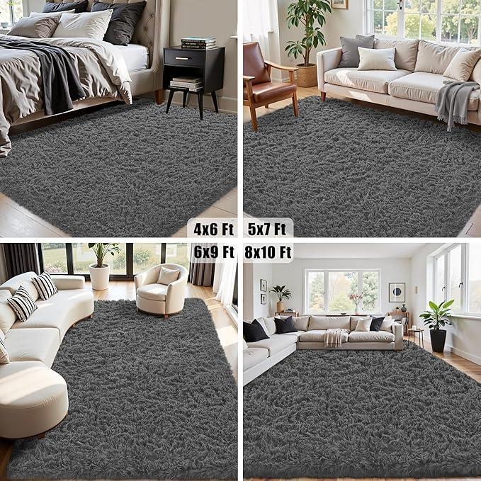 8x10 Area Rug for Living Room:Ultra Soft Fluffy Shag Dark Grey Rugs,Large Fuzzy Plush Indoor Non Slip Carpet Washable Rug for Bedroom Kids Nursery Office Dorm Modern Decor(Dark Grey 8'x10')