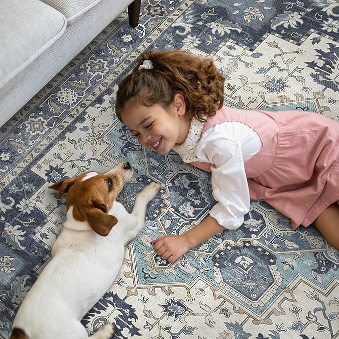 GENIMO 2x8 Runner Rugs for Hallway, Machine Washable Non Slip Vintage Rugs, Low Pile Lightweight Soft Print Rug for enrtyway, Corridor, Home Office, Kitchen, Center Blue