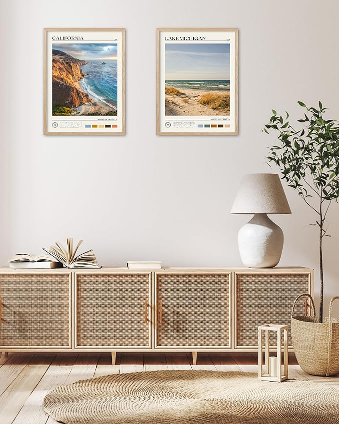 HesenDot Natural OAK Wood Coastal California Refers Framed Wall Art,12x16in Natural Seascape Canvas Wall Print,Classic Urban Landmark Wall Decor for Living Room,Bedroom,Office Gallery Gifts Set of 1
