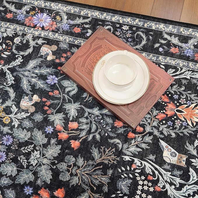 2x3 Entryway Rug Washable Non-Slip - Soft Low Pile Botanical Small Area Rug for Kitchen Bedroom - Boho Floral Indoor Door Mat with Rubber Backing (Vibrant Black, 2x3)