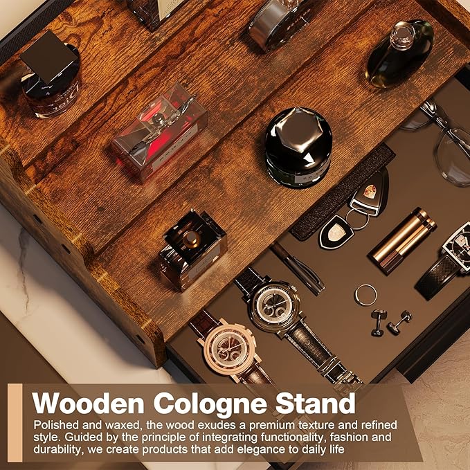 Yuzehuaza 3 Tier Cologne Stand with Drawer, Wooden Cologne Organizer for Men/Women, Retro Perfume Stand Organizers, Display Riser Shelf Holder for Skincare and Makeup Organizers, Rustic Brown