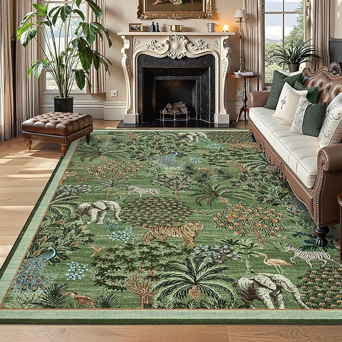 GarveeHome Jungle Washable Rug 9x12 Area Rugs for Living Room Bedroom, Animal Print Rug Non Slip Low Pile Forest Stain Resistance Large Throw Carpet for Dining Room Kids Playroom Nursery, Forest Green