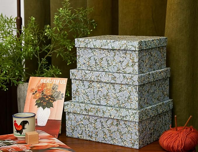 3-Piece Decorative Storage Boxes with Lids, Artistic Marble Pebble Pattern, Cardboard Paperboard Keepsake Box Set, Photo & Memory Storage for Home Decor and Modern Organization