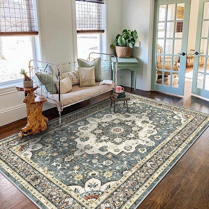 TOPRUUG Washable Oriental Area Rug - 3x5 Rugs for Living Room Soft Carpet for Bedroom Waterproof Floral Distressed Indoor Stain Resistant Non-Shedding Floor Carpets (Blue, 3X5)