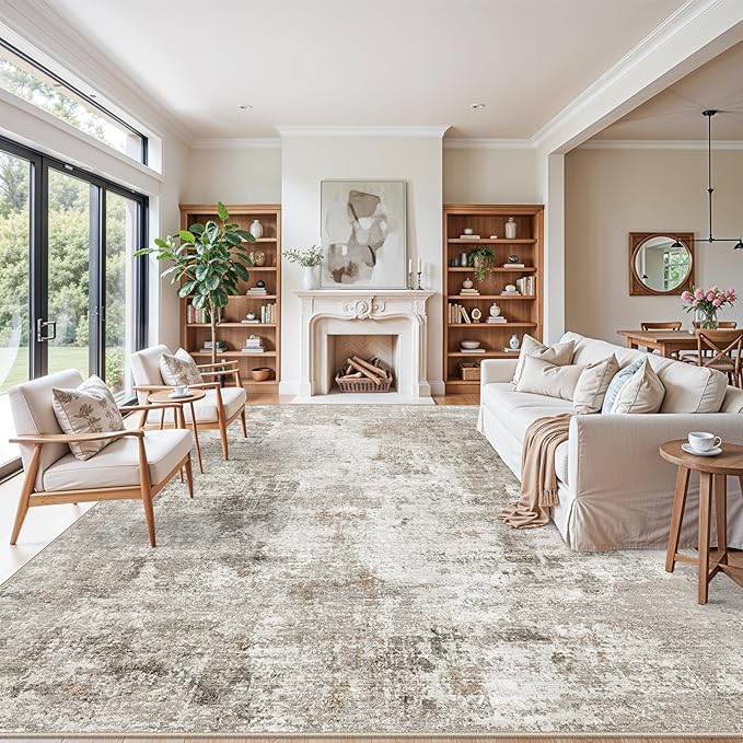 11x14 Washable Rug for Living Room Bedroom Dining Room – Large Neutral Soft Low-Pile Modern Abstract Area Rug – Non-Slip Stain-Resistant Indoor Carpet (Beige Grey)