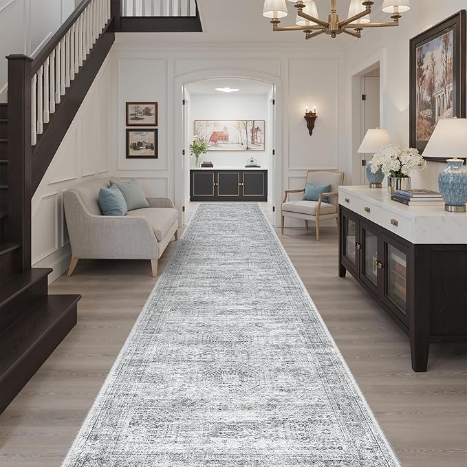 Soalmost Hallway Runner Rug 3x16 - Vintage Non Slip Washable 16ft Kitchen Runner for Entrance Soft Long Carpet Runners for Living Room Bedroom Dining Room, Grey