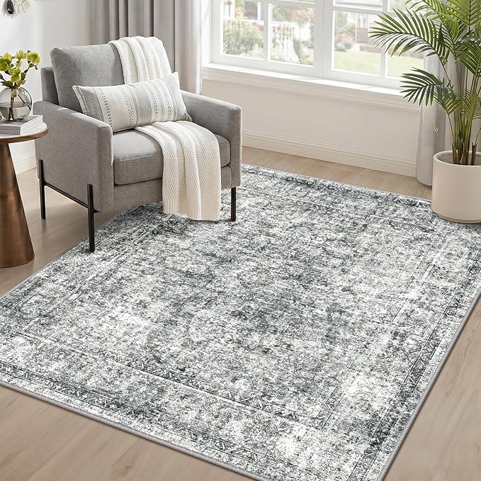 CAPALOCA Machine Washable Rugs Nursery Rug Sq4ft Cute Girl Non Slip Low Pile Water Repellent Soft Print Pattern for Bedroom Indoor Decor Kids Playroom Grey
