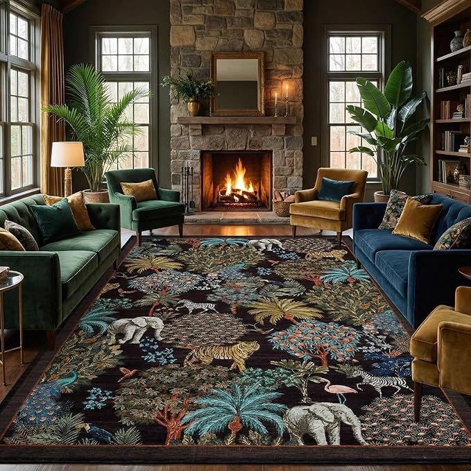 GarveeHome Jungle 8x10 Area Rug Washable Rugs for Living Room, Forest Rug Non Slip Low Pile Soft Indoor Stain Resistance Animal Print Carpet for Bedroom Dining Room Playroom Nursery, Black