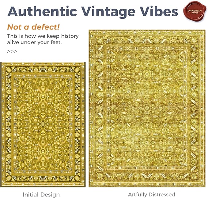 OPPODREAM Vintage Yellow Round Rug 6ft, 6 ft Retro Washable Circle Rug Non Slip, Low-Pile Faux Wool Circular Carpet, Distressed Floor Mat for Living Room, Bedroom, Office, Dorm, Dinning Room