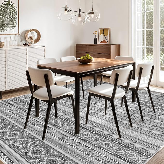 cotiled 6x9 Area Rug Living Room: Washable Boho Rugs with Non Slip Backing Large Soft Indoor Stain Resistant Carpet for Bedroom Farmhouse Dining Room Lightweight Home Decor Beige Grey