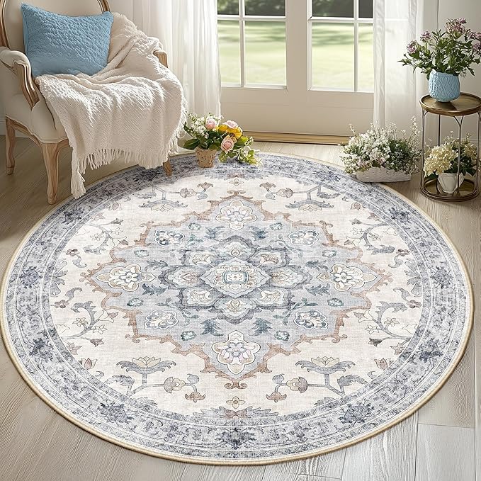CAPALOCA Machine Washable Rugs Nursery Rug 6ft Cute Girl Non Slip Low Pile Water Repellent Soft Print Pattern for Bedroom Indoor Decor Kids Playroom Blue White