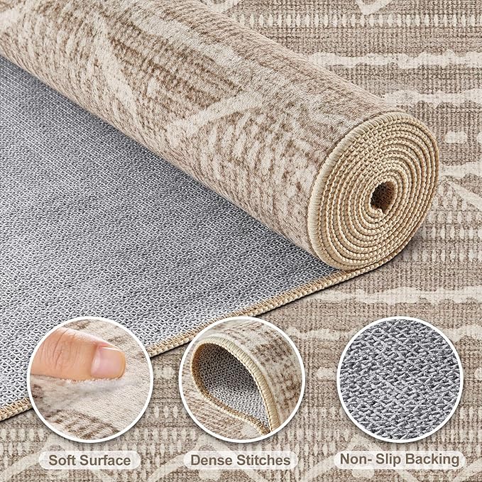 Nakagishi 8x11 Area Rugs Living Room: Washable Boho Large Neutral Soft Farmhouse Area Rugs Stain Resistant Modern Non-Slip Indoor Floor Carpet for Bedroom Nursery Kids Playroom Office-Dark Brown