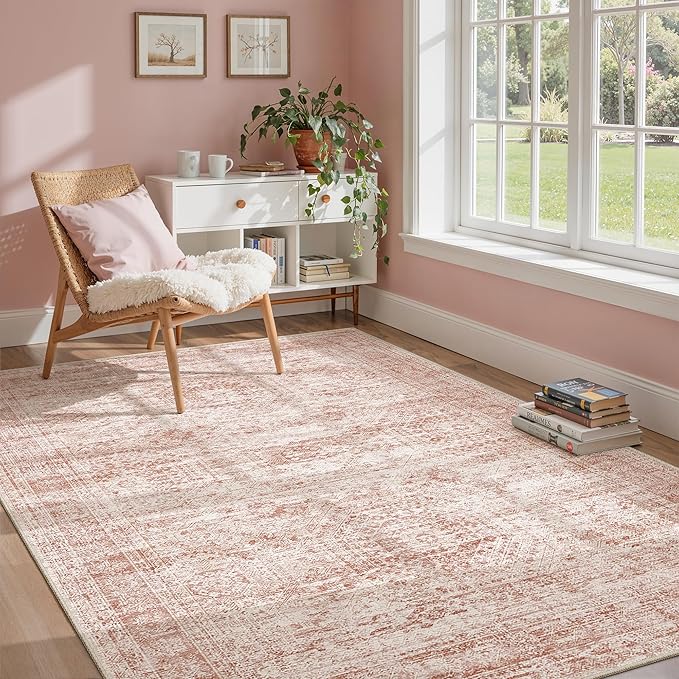 Soalmost 5x7 Area Rugs Pink Low Pile Indoor Washable Trendy Faded Style Rugs for Bedroom Living Room Dining Room Foldable Non-Slip Thin Print Mat