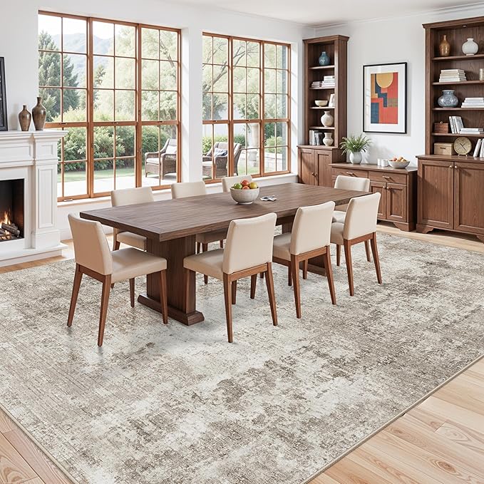 12x14 Area Rug for Living Room – Washable Non-Slip Soft Extra Large Carpet for Bedroom Dining Room Family Room, Modern Neutral Abstract Low Pile Thin Indoor Big Rug （Beige Grey）