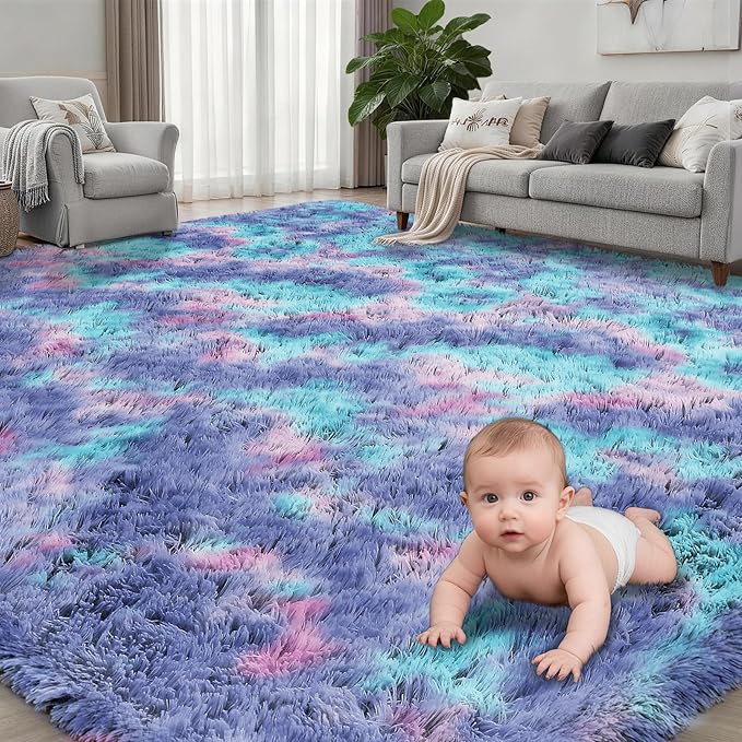 Fluffy 4x6 Area Rugs for Living Room Bedroom: Ultra Soft Shag Rug Non-Slip Non-Shedding Small Plush Bedside Rug Indoor Floor Carpets for Kids Room Playroom Entryway Nursery Dorms Home Rainbow Purple