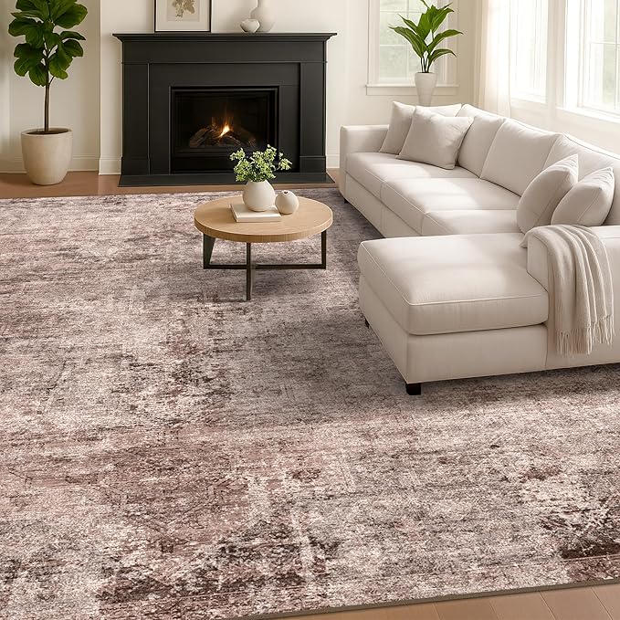 Hazo Haus Brown Living Room Rug 8x10 - Retro Washable Rug for Dining Room, Fireplace, Bedroom, Non Slip Low Pile Abstract Warm Tan and Terracotta