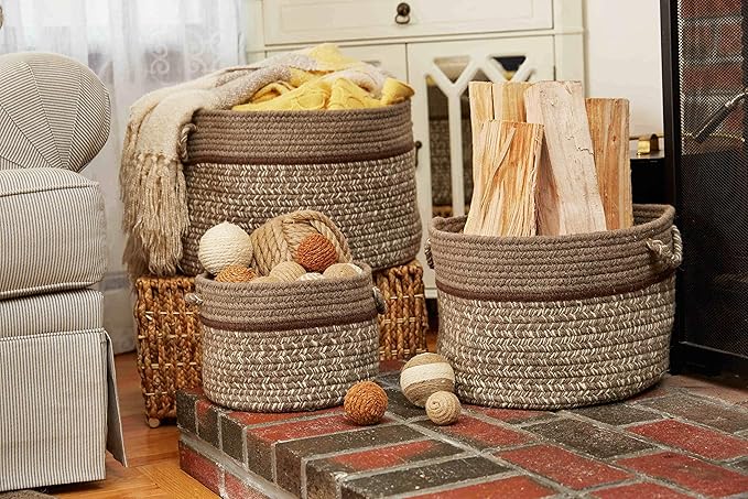 Super Area Rugs Wool-Made Soft Storage Basket with Handles Braided Trendy Decorative Bin, Mocha, 18" x 12"