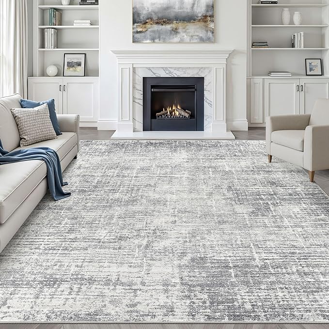 7x9 Area Rug Living Room: Washable Large Neutral Grey Rugs Abstract Soft Modern Stain Resistant Indoor Floor Non-Slip Carpet for Bedroom Nursery Kids Office Playroom Dining Room Under Table Home