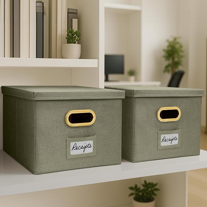 ZICOTO Decorative File Organizer Box Set of 2 - Collapsible Linen Filing Cabinets w/Handles Are Perfect to Store all Your Documents & Hanging File Folders - Portable Easy Slide Crates with Lid