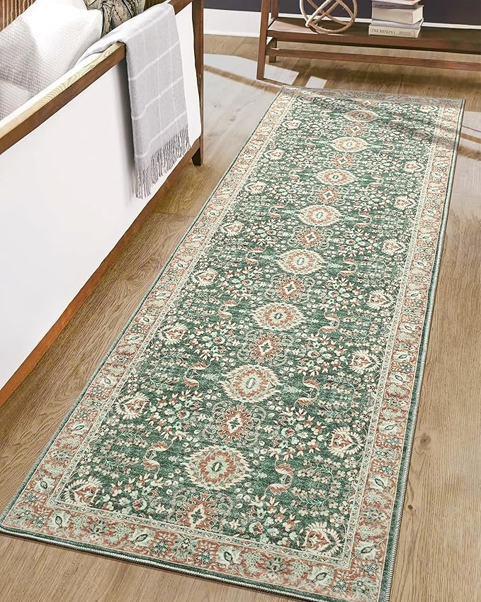 Goideal Washable Runner Rug 2x6, Vintage Rugs Non Slip, Indoor Low Pile Carpet with Rubber Backing for Kitchen Bathroom Entryway Office Bedroom,Green & Orange