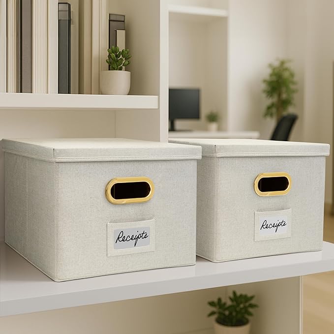 ZICOTO Decorative File Organizer Box Set of 2 - Collapsible Linen Filing Cabinets w/Handles Are Perfect to Store all Your Documents & Hanging File Folders - Portable Easy Slide Crates with Lid