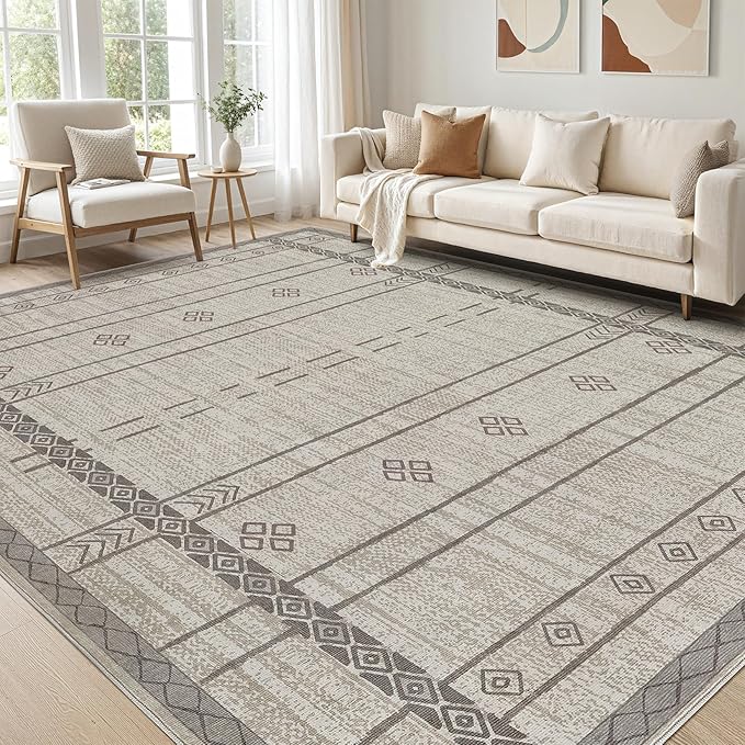 cotiled 6x9 Area Rug Living Room: Washable Boho Rugs with Non Slip Backing Large Soft Indoor Stain Resistant Carpet for Bedroom Farmhouse Dining Room Lightweight Home Decor Grey Brown