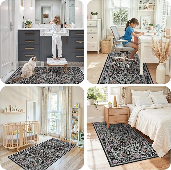 3x6 Washable Non-Slip Kitchen Runner Rug – Vintage Botanical with Animals Wide Floor Carpet Runner with Rubber Backing for Entryway, Hallway, Bathroom, Living Room, Low Pile Thin (Vibrant Black)