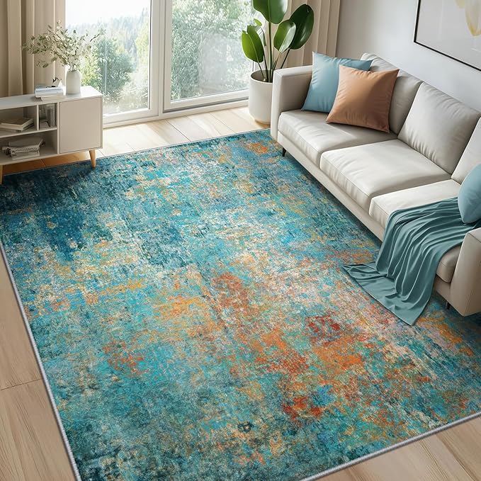 RELEANY Washable Area Rugs 7'x9' Non-Slip Modern Abstract Soft for Living Room Entryway Bedroom Nursery, Print Pattern, Teal Blue Green Orange Rust Red Coloreful