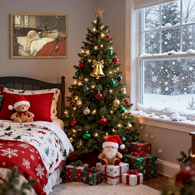 Framed Santa Christmas Wall Decor, Vintage Santa Reindeer Wall Art, Rustic Christmas Pictures Decor, Winter Holiday Paintings Artwork, Christmas Canvas Print for Home Decorations – 12x16in