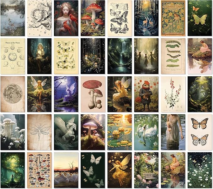 97 Decor Fairycore Room Decor - 40pcs Fairycore Decor Aesthetic Pictures, Cottagecore Wall Art, Goblincore Earthy Wall Art, Vintage Fairy Posters Mushroom Prints for Dorm Bedroom (4"x6")