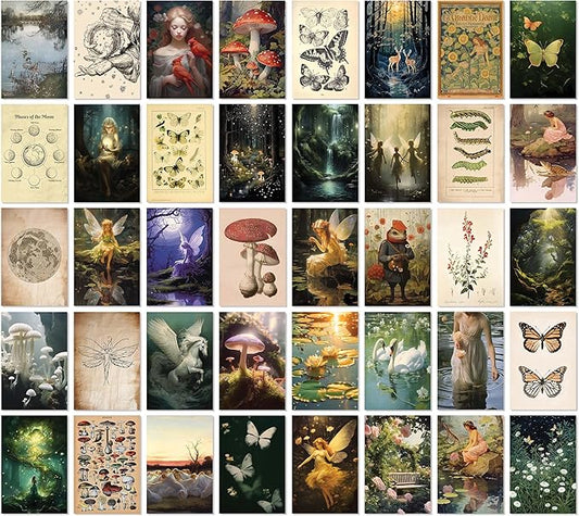 97 Decor Fairycore Room Decor - 40pcs Fairycore Decor Aesthetic Pictures, Cottagecore Wall Art, Goblincore Earthy Wall Art, Vintage Fairy Posters Mushroom Prints for Dorm Bedroom (4"x6")
