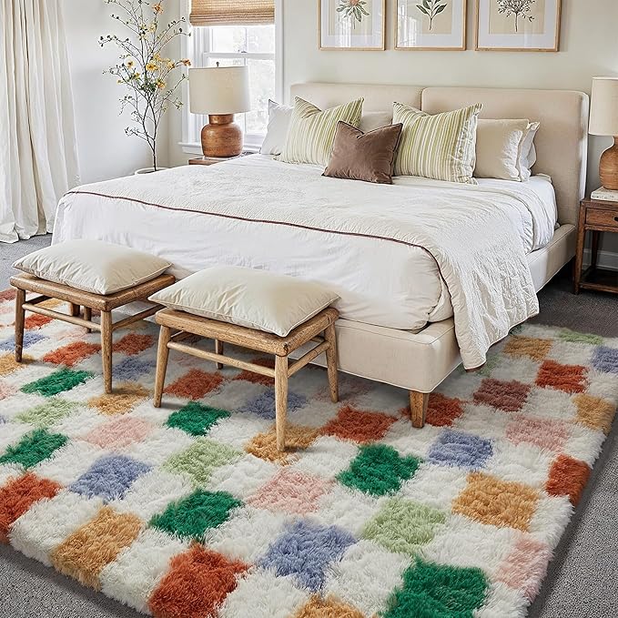 PureCozy Checkered Rug 8x10 for Living Room, Modern Neutral Shag Rug Washable Non-Slip Large Area Rug Super Soft Indoor Fuzzy Carpet Fluffy Rugs for Bedroom Home Aesthetic Decor