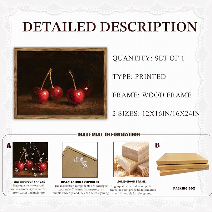Vintage Cherry Wall Art for Kitchen, Classic Still Life Oil Painting Canvas Wall Decor, Retro Rural Farmhouse Fruit Food Artwork Prints Pictures for Kitchen Dining Room 12x16 Inch Framed