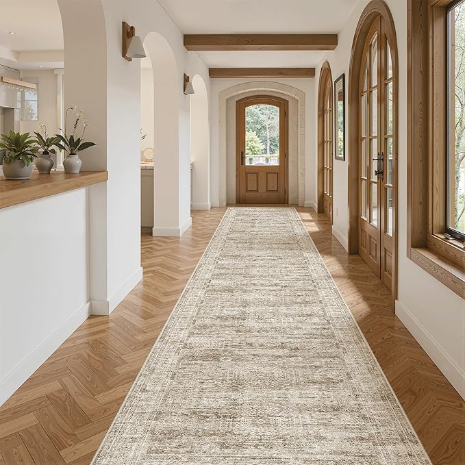 Soalmost Runner Rug 2'6" x 16' Washable Non-Slip 2.5x16 ft Long Runner Rugs for Kitchen Bathroom Laundry Room Vintage Ultra Thin Runners for Hallway Entryway Brown