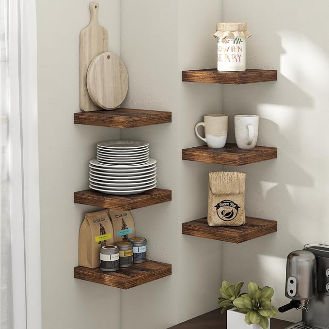 8 Inch Floating Shelves for Wall with Invisible Brackets Set of 3, 8"D Engineered Wood Wall Shelves with Wood Grain for Living Room, Bedroom, Bathroom, Kitchen Decor and Storage, Rustic Brown