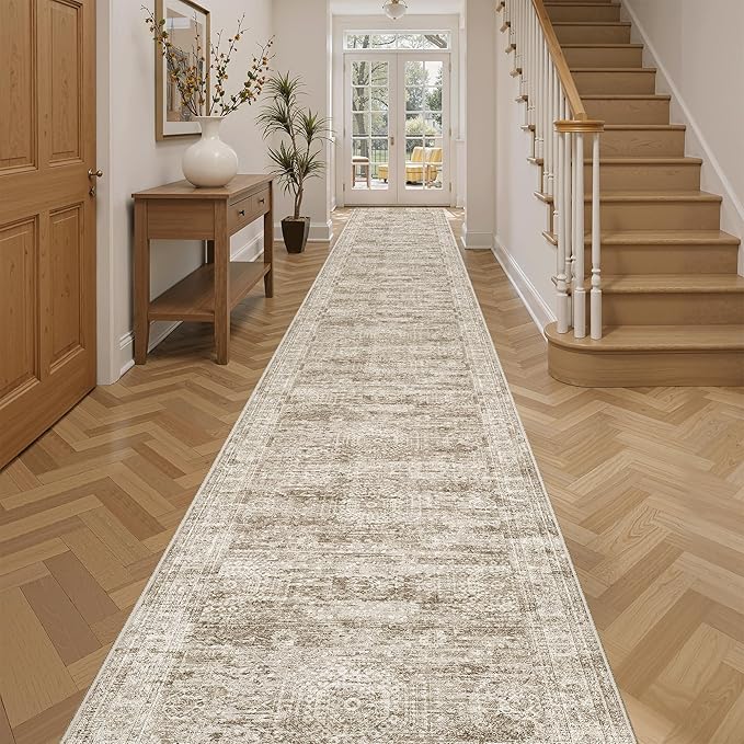 Soalmost Runner Rug 2'6" x 16' Washable Non-Slip 2.5x16 ft Long Runner Rugs for Kitchen Bathroom Laundry Room Vintage Ultra Thin Runners for Hallway Entryway Brown