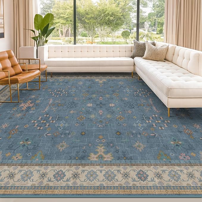 Hazo Haus Boho 9x12 Soft Rugs for Living Room - Dark Blue Rugs for Bedroom Aesthetic, Dining Room Under Kitchen Table, Washable Soft Non Slip Large Area Eclectic Unique Décor
