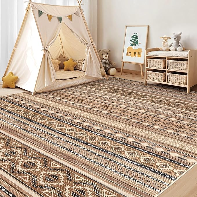 cotiled 5x8 Area Rug Living Room: Washable Boho Rugs with Non Slip Backing Large Soft Indoor Stain Resistant Carpet for Bedroom Farmhouse Dining Room Lightweight Home Decor Brown/Beige