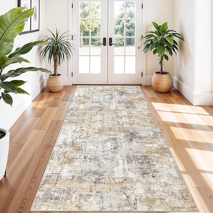 4x10 ft Extra Wide Hallway Rug – Non-Slip Washable Rubber-Backed Large Carpet Runner for Kitchen, Entryway | Modern Abstract, Low-Pile Thin Floor Mat for Bedroom Living Room Dining Room (Gold Grey)