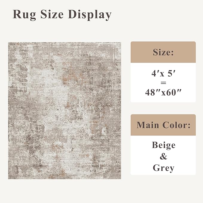4x5 Washable Area Rugs for Entryway - Non-Slip Low-Pile Indoor Carpet with Rubber Backing for Kitchen, Bathroom,Bedroom, Living Room, Modern Abstract Neutral Soft Mat (Beige Grey)