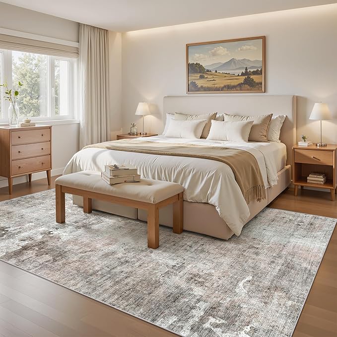 Soalmost Abstract Rug 5x7 Machine Washable Area Indoor Pink Grey Low Pile Non-Slip Foldable Thin Accent Gray Rugs for Bedroom Living Room Dining Room
