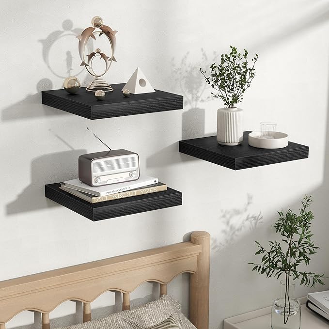 Fun Memories Floating Shelves for Wall, Rustic Wood Wall Mounted Shelves for Bathroom, Bedroom, Living Room & Kitchen, Storage Display Shelves, (Set of 3, Black, 12 in)