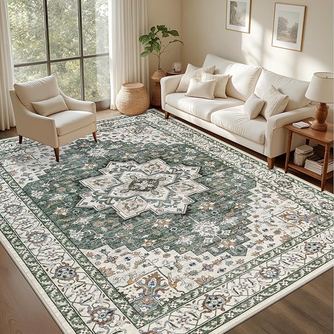 Area Rugs 10x14 Living Room Rug: Washable Rug Soft Vintage Boho Medallion Carpet Indoor Non-Slip Stain Resistant Large Carpets for Bedroom Dining Room Farmhouse Nursery Home Office Green Ivory