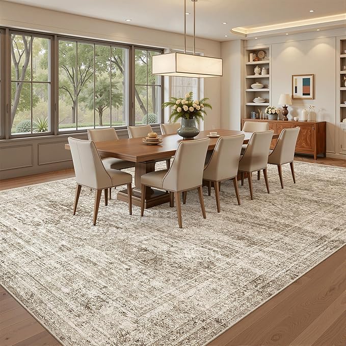 Soalmost Area Rug 10x12 Vintage Washable Living Room Large Carpet Non Slip Bedroom Indoor Office Dining Room Low Pile Thin Rug Brown