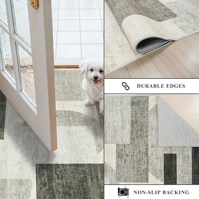 Dining Room Rugs for Under Table - 7x9 Mid Century Modern Rug for Living Room Low Pile Thin Carpet for Bedroom Office - Geometric Minimalist Design for Young Families (Beige/Olive Green/Gray, 7x9)