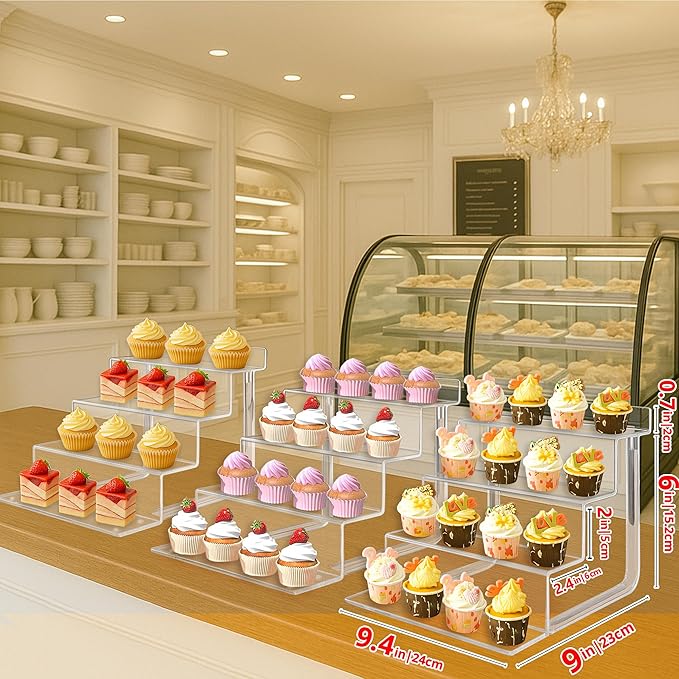 AMT Acrylic Riser Display Stand, 100% Acrylic Clear 4-Tier Organizer for Figures, Cupcake, Perfume, Sunglasses (9 inch x 2.4 inch) 3-pack
