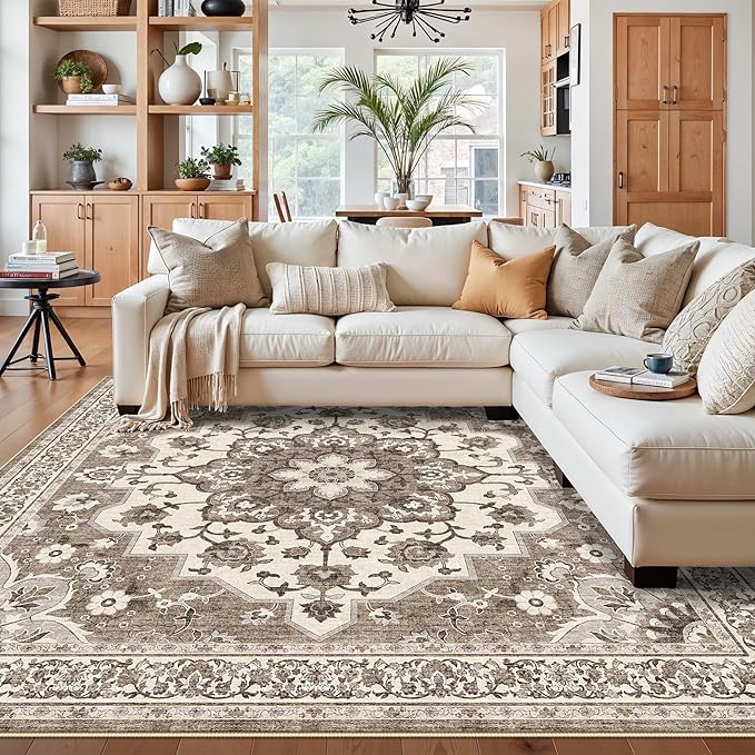 TOPRUUG Washable Oriental Area Rug - Beige 11x11 Area Rugs for Living Room Bedroom Dining Room Under Kitchen Table - Non-Slip & Stain Resistance Rug for High Traffic Area (Beige, 11x11)