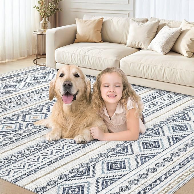 cotiled 12x15 Area Rug Living Room: Washable Boho Rugs with Non Slip Backing Large Soft Indoor Stain Resistant Carpet for Bedroom Farmhouse Dining Room Lightweight Home Decor Blue